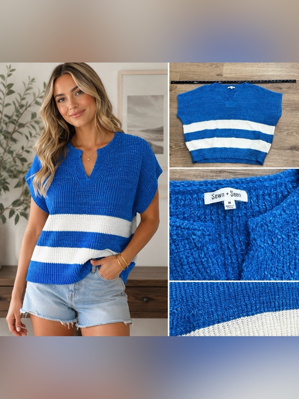 NWOT Sewn + Seen Blue White Striped Textured Knit Dolman Sweater Top Medium